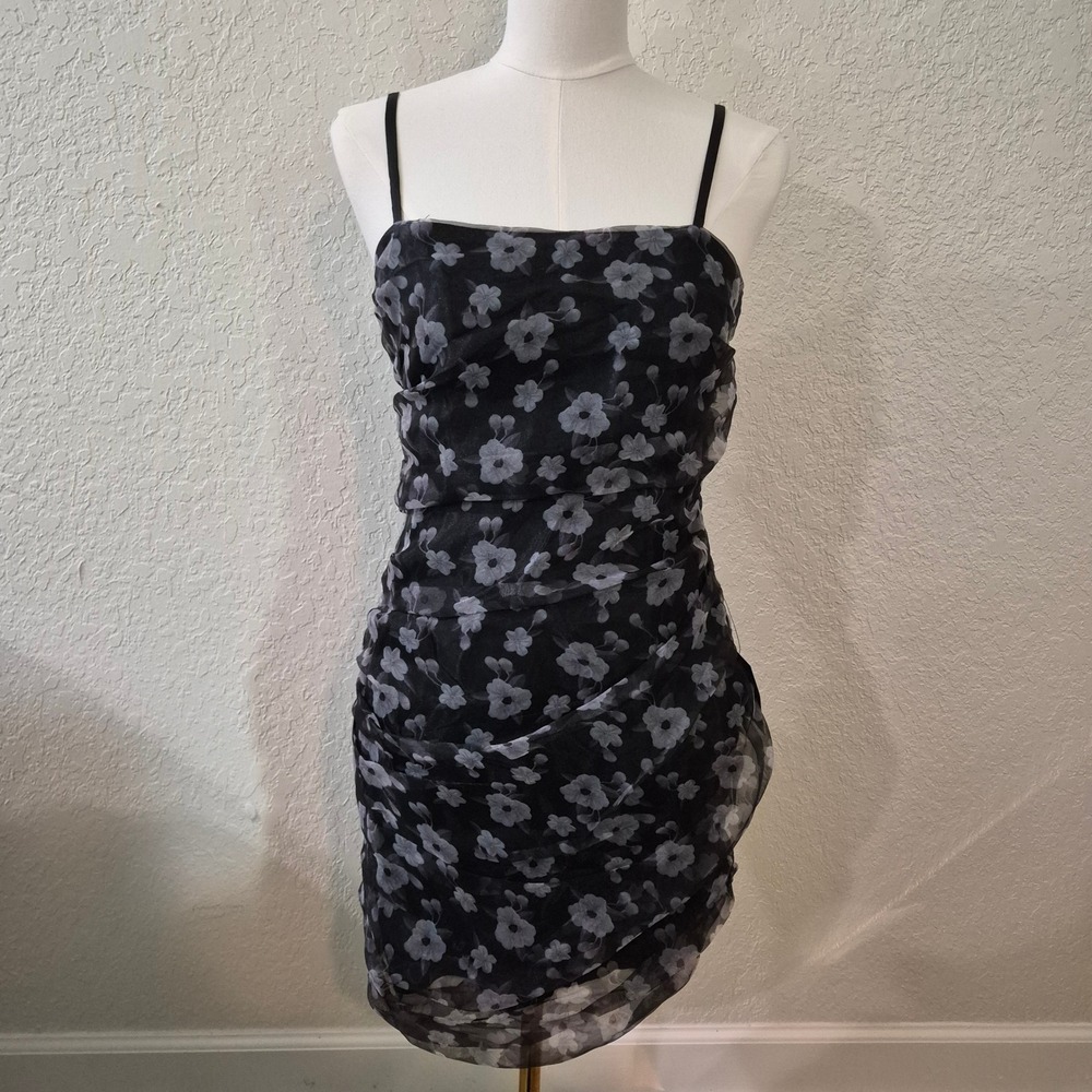 Lulus Floral Mesh Ruched Bodycon Mini Dress NWT M Black Gray Party Night Out